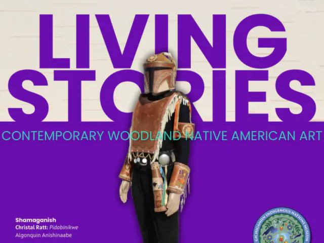 A figure in birchbark armor standing in front of the words "Living Stories"