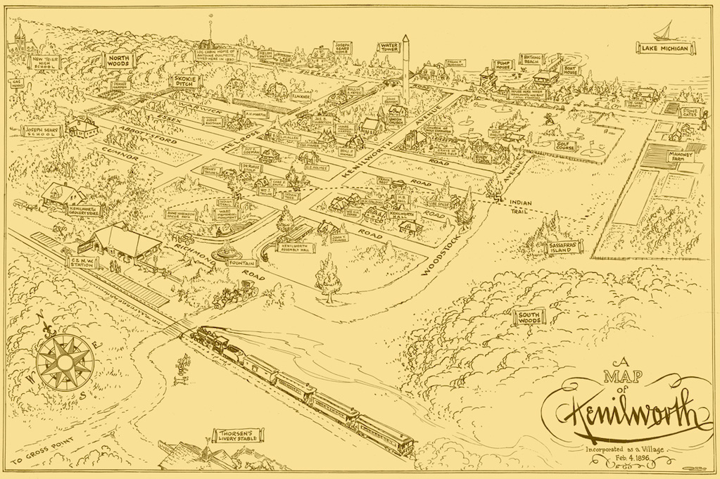 Artist’s map of Kenilworth 1896, KHS