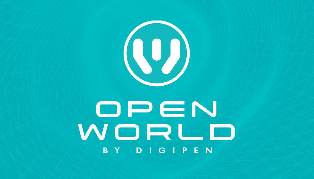 Open World by DigiPen logo over decorative background image