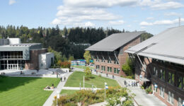 Buildings and field at Cascadia College in Bothell, Washington.