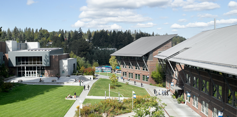 Buildings and field at Cascadia College in Bothell, Washington.